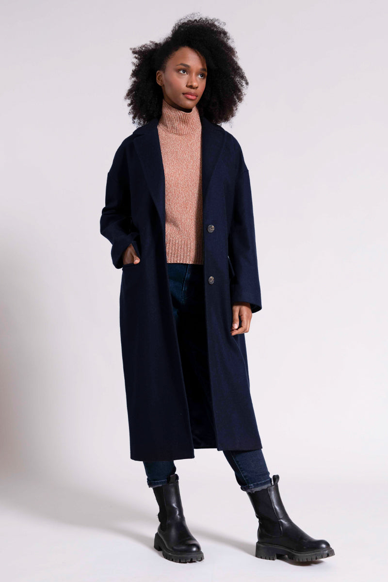 Manteau long en laine recyclée MARA marine 