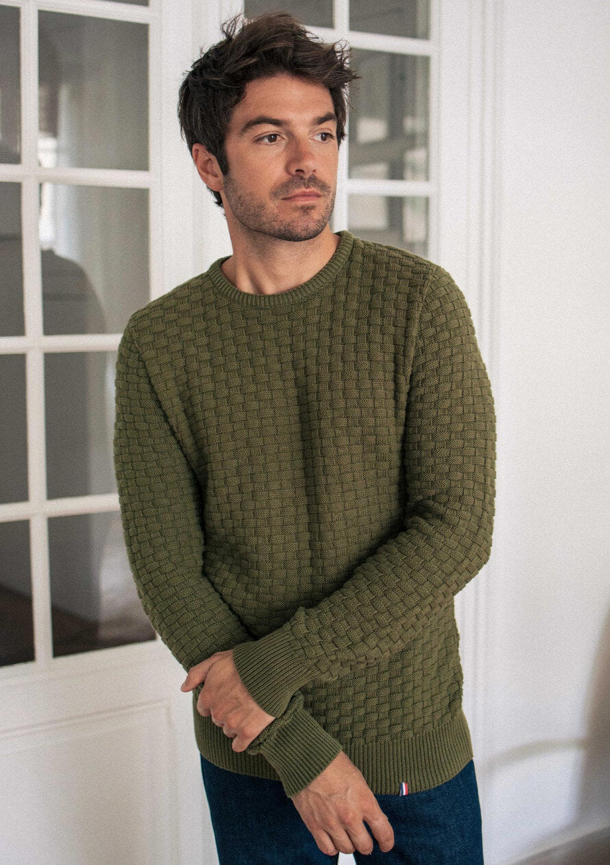 Pull homme en coton bio Damier Sauge