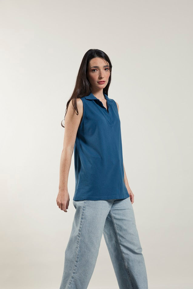 Polo sans manches en coton bio Helen Bleu