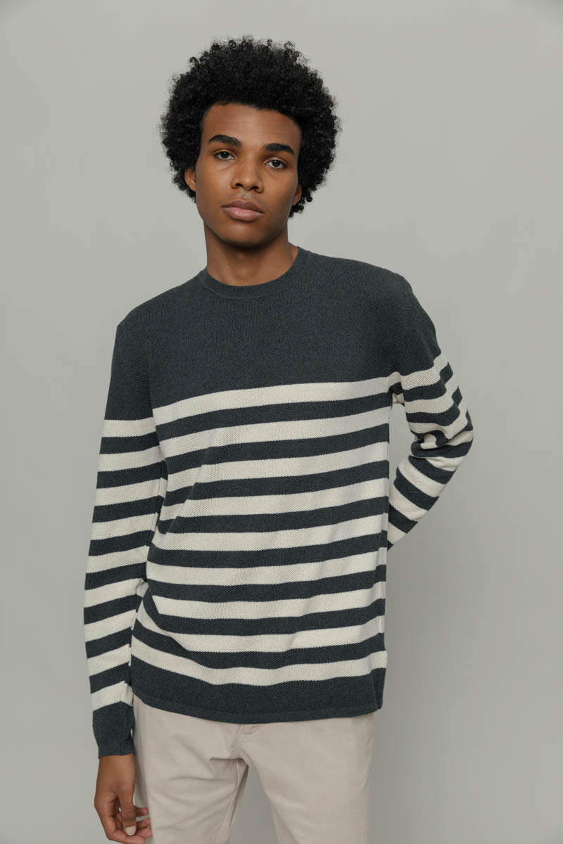 Men Striped Cotton Sweater Salvo Grey