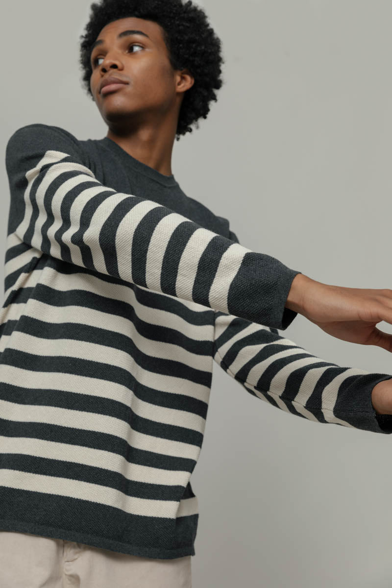 Men Striped Cotton Sweater Salvo Grey