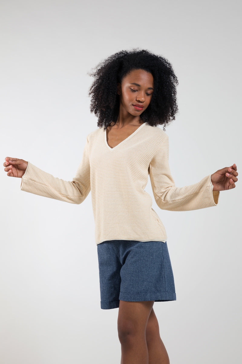 Pull femme col V en coton bio Marion orange