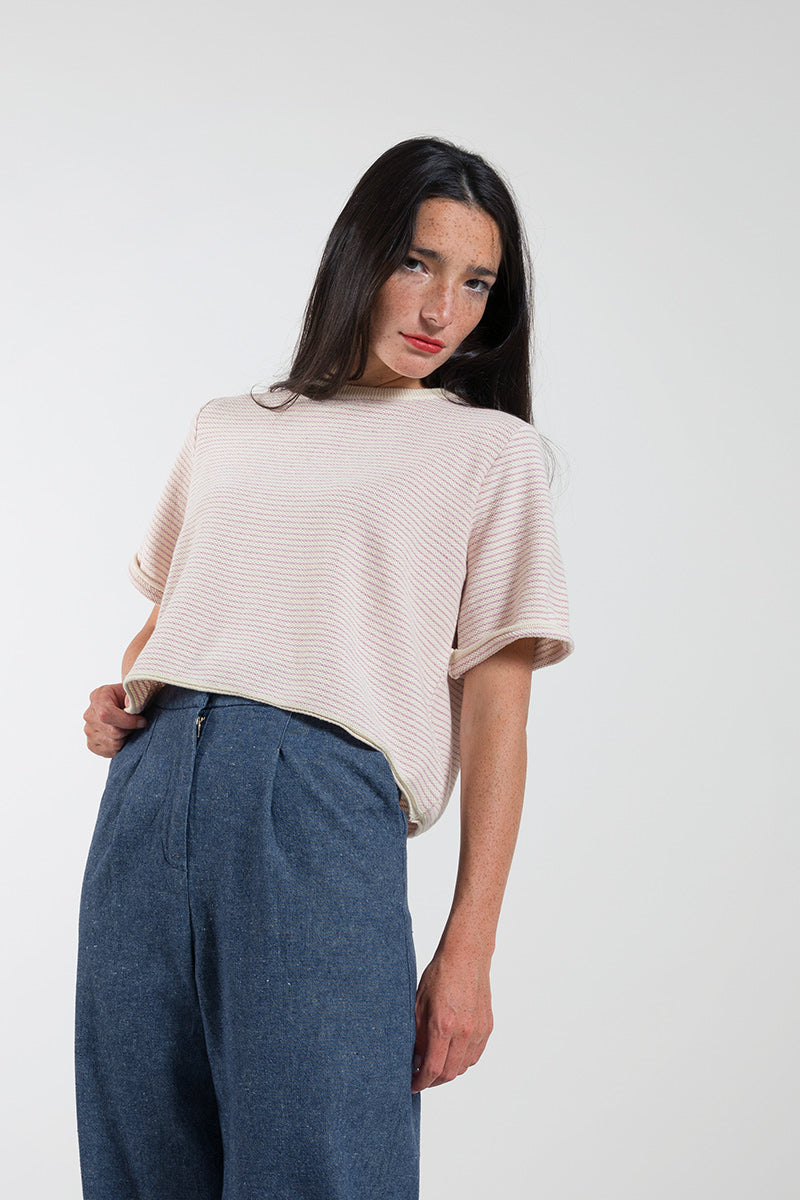 Top cropped rayé beige et rose Gil