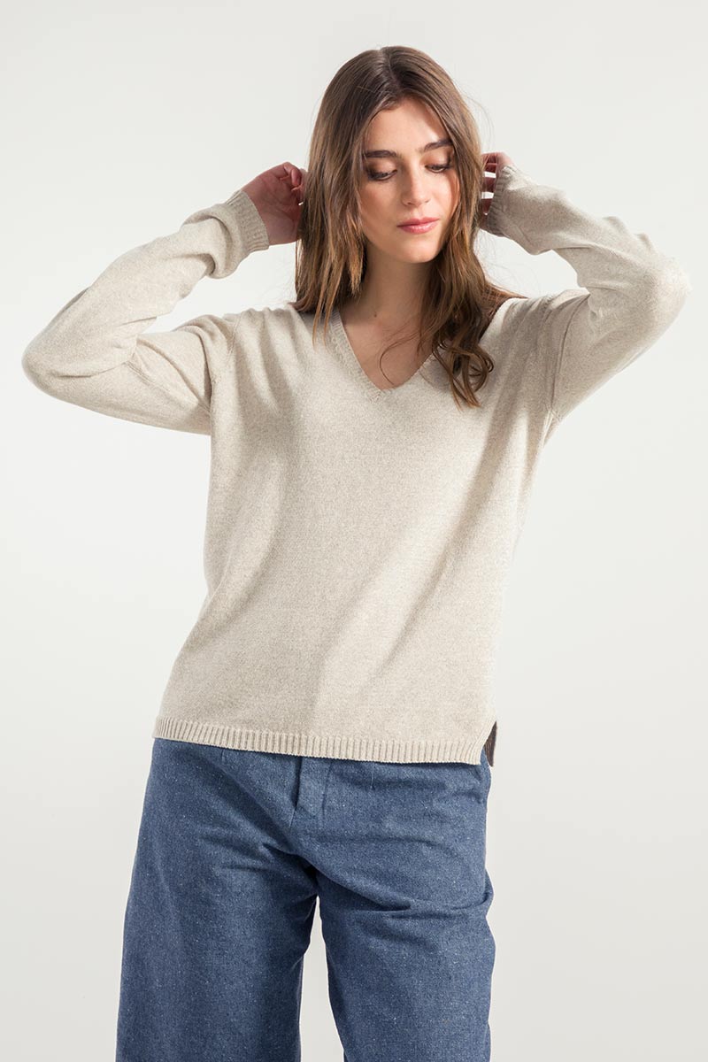 Pull femme col V en coton recyclé Arianna beige