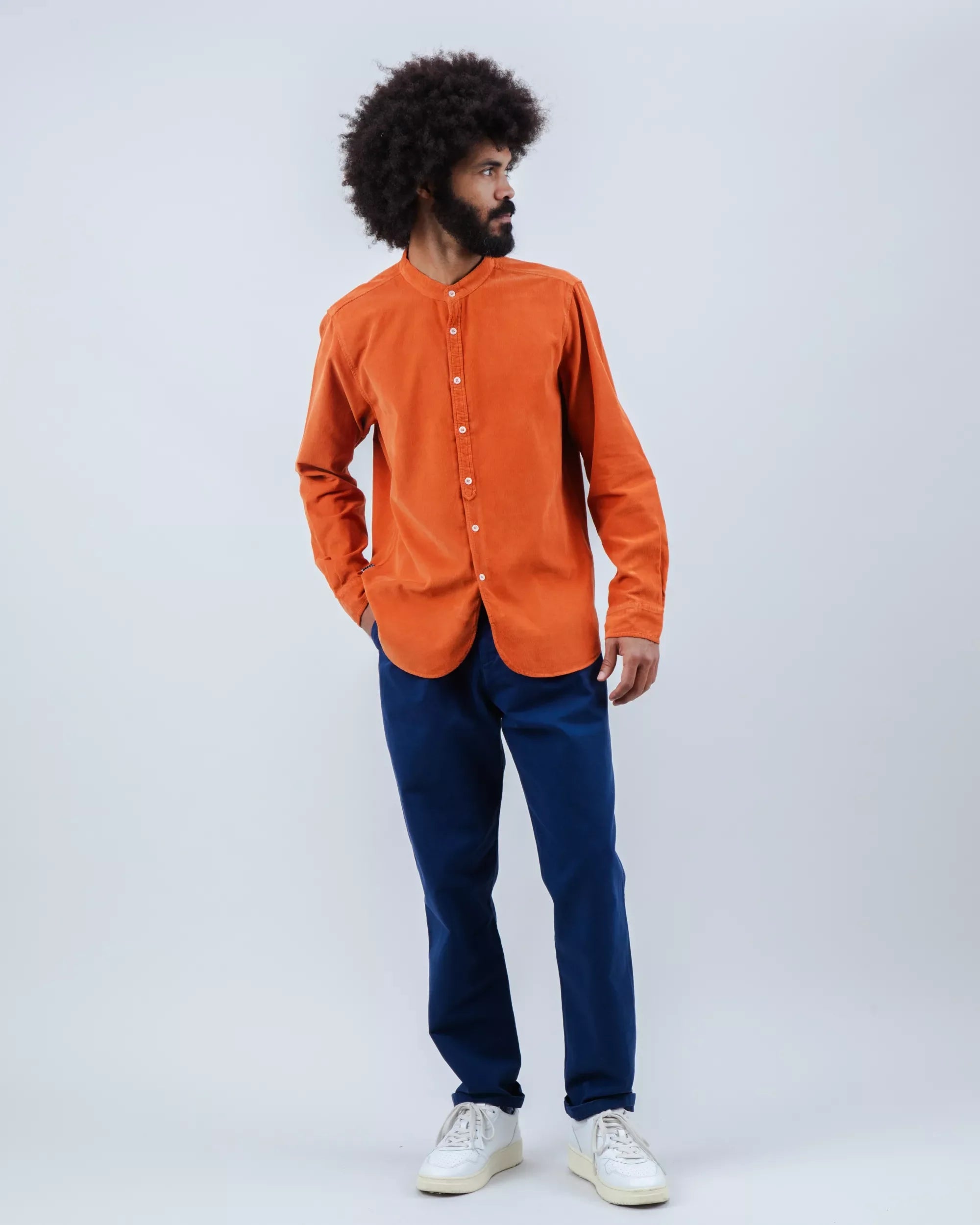 Orange babycord shirt with mandarin collar