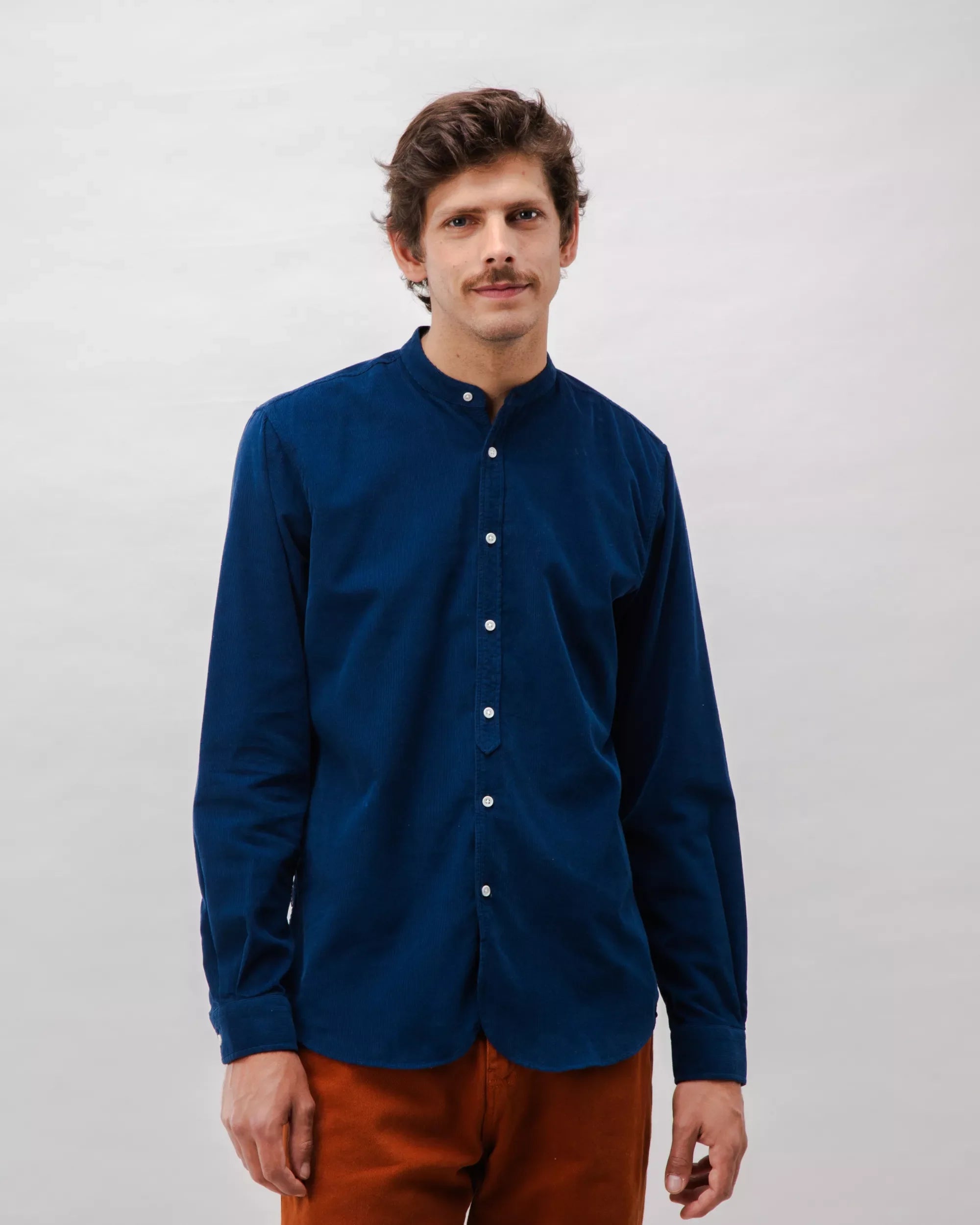 Navy babycord shirt with mandarin collar