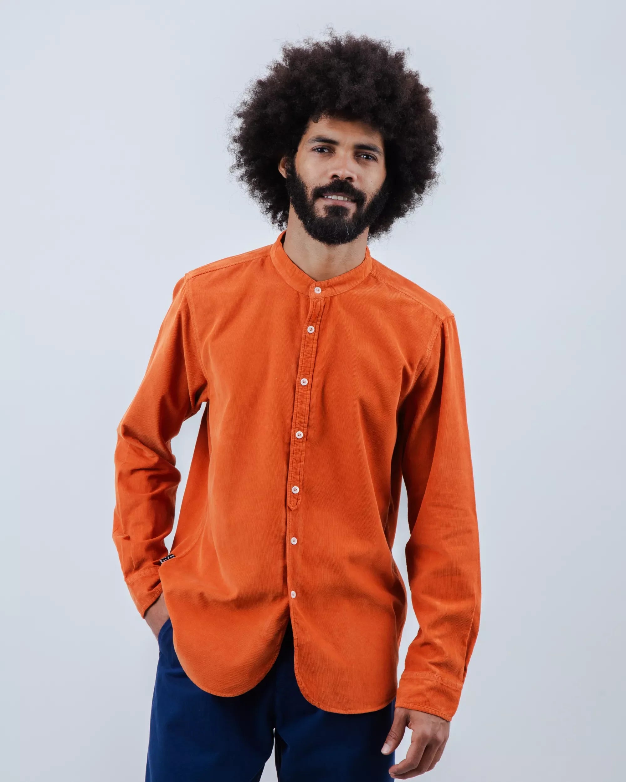 Orange babycord shirt with mandarin collar