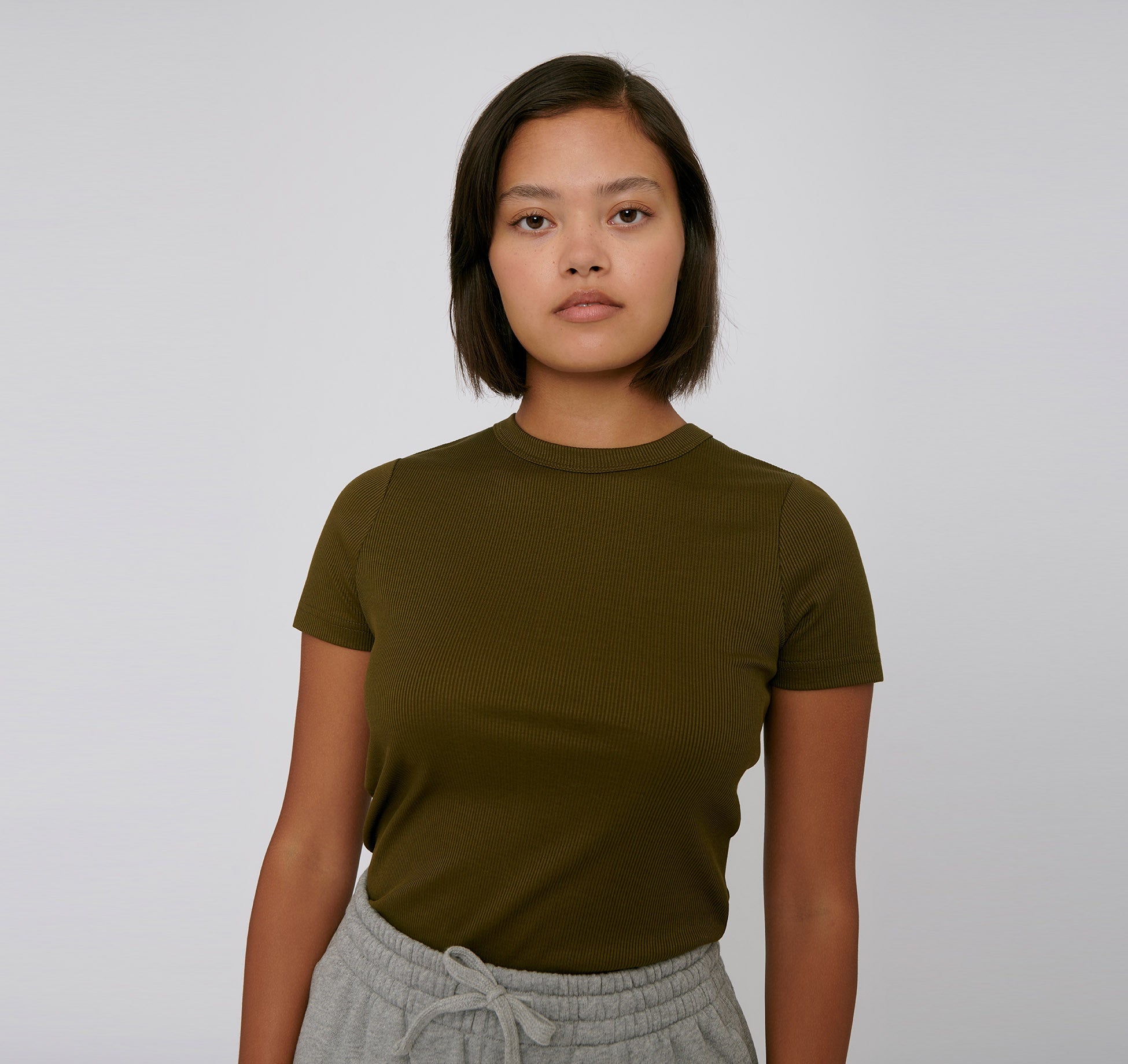 T-shirt femme côtelé vert olive 