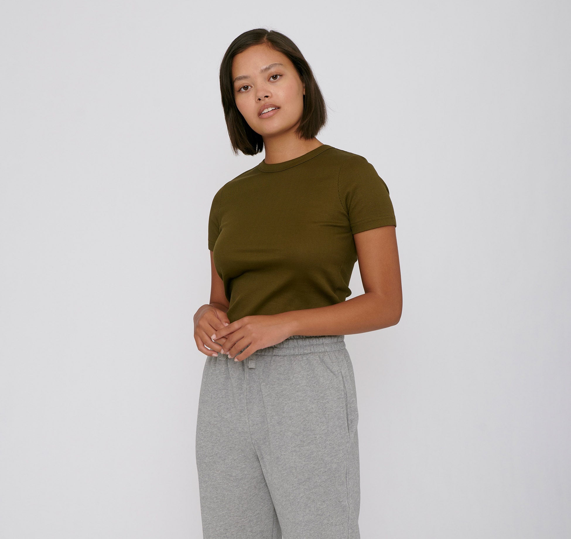 T-shirt femme côtelé vert olive 